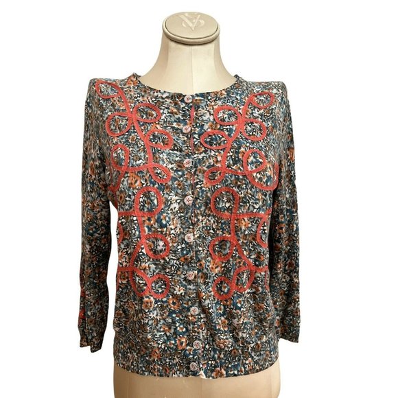 Anthropologie GUINEVERE Cardigan Sweater Looped Bud Coral Ribbon (Medium) - Picture 1 of 8